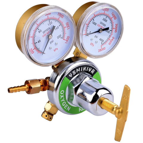 Heavy Duty Oxygen Regulator For Large Tanks By Ysmikiya With Beefy Brass Chrome Plated Body And Dual Gauges, close-up view.