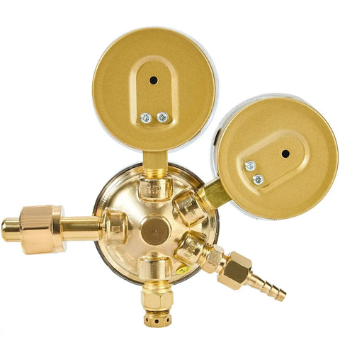 Top view of Heavy Duty Oxygen Regulator For Large Tanks By Ysmikiya With Beefy Brass Chrome Plated Body And Dual Gauges, CGA 540