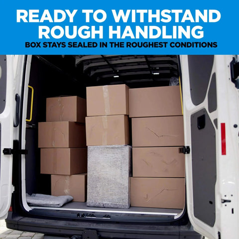 Boxes sealed with Scotch Heavy Duty Packaging Tape 1.88 In x 54.6 yd loaded in van, showcasing strong pack and shipment durability.