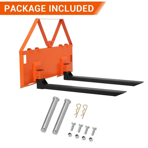 Heavy Duty 46 Inch Pallet Fork Attachment For Tractor Loader And Skid Steer Universal Quick Attach With 2600 Lb Per Fork Load Capacity For Farm Warehouse And Material Handling, showing components and orange frame.