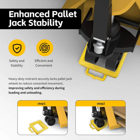 Rugged Heavy Duty Pallet Jack Chock For Maximum Stability And Safety Beefy High Friction Base close-up view securing wheels