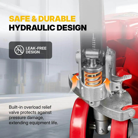 Close-up view of Heavy Duty Manual Pallet Jack Workhorse For Industrial Use With 5500 Lb Capacity And 48 Inch By 27 Inch Forks Durable PU Wheels Standard Duty Forklift For Warehouse And Factory Tasks NORTHSKY showing hydraulic design and wheels.