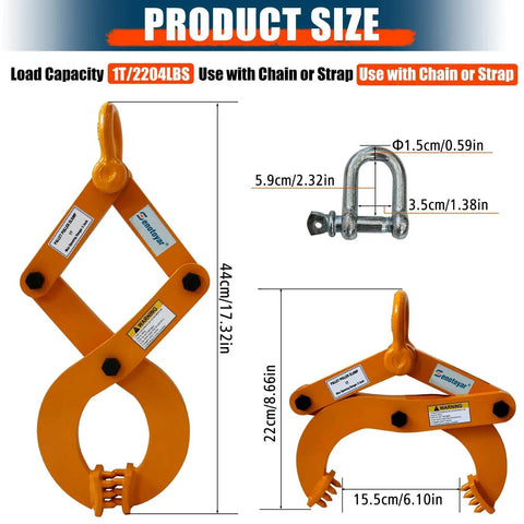 Heavy Duty Pallet Puller Clamp For Forklift Chains With 6 Inch Jaw Opening And 2204 Lbs Capacity The Rugged Boss For Tree Stump And Brush Pulling With Self Locking Scissor Mechanism Industrial Grade, front view with size dimensions.