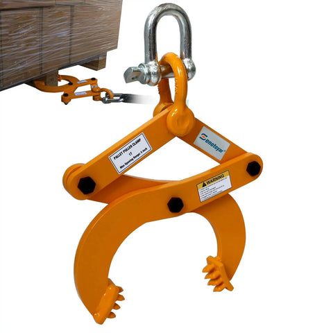 Heavy Duty Pallet Puller Clamp For Forklift Chains With 6 Inch Jaw Opening And 2204 Lbs Capacity The Rugged Boss For Tree Stump And Brush Pulling With Self Locking Scissor Mechanism Industrial Grade in use, showing yellow clamp gripping a wooden pallet