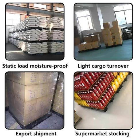Heavy Duty Plastic Pallet Set For Basement Storage Lightweight Waterproof Interlocking Floor Pallets With Breathable Grids 2 Pack Indoor Outdoor Use Garage Kitchen Organization Durable HDPE By Jeracino. Displayed in various warehouse and supermarket settings for multiple uses.
