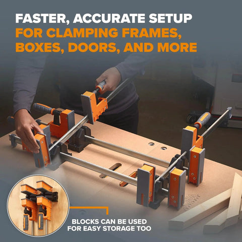 Heavy Duty 8 Piece Parallel Clamp Set For Woodworking with two 24 inch and two 40 inch clamps in use on a woodworking table.