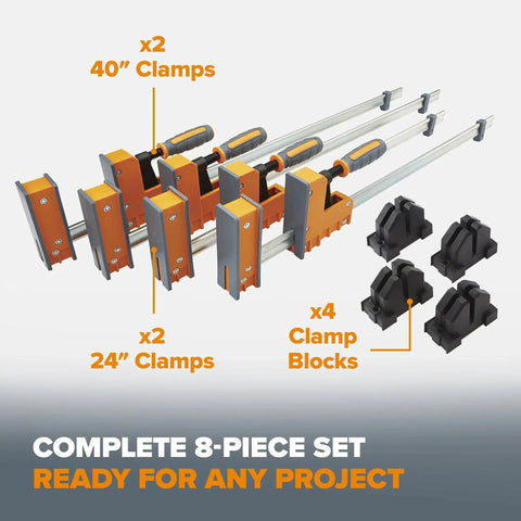 Heavy Duty 8 Piece Parallel Clamp Set For Woodworking With Two 24 Inch And Two 40 Inch Clamps And Four Bar Clamp Blocks 1100 Lbs Clamping Force Ideal For Glue Ups Joinery Cabinets And Furniture DIY Bora Clamp Set displayed