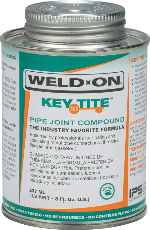 Image of Heavy Duty Metal Pipe Thread Sealant For Leak Free Joints And Smooth Lubrication That Seals And Prevents Rust On Threaded Flanged And Gasketed Metal Pipes Low VOC Green Formula 1/2 Pint 8 Fl Oz By Weld On 10068 505 Key Tite