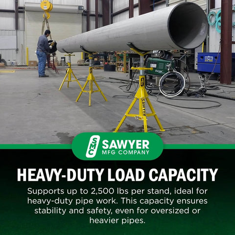 Folding V Head Pipe Stand - Heavy Duty Steel Tripod Welding Jack Stand supporting a large pipe in a workshop.