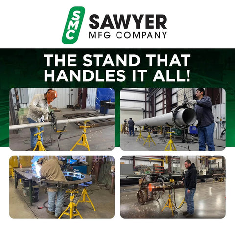 Sawyer MFG Folding V Head Pipe Stand in use for welding and cutting pipes, features heavy-duty steel tripod for support and adjustability.