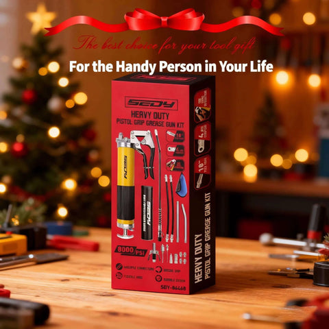 17-Piece Heavy Duty Grease Gun Kit: 14oz Grease Tube Flexible Hose Bearing Grease Pump 8000 PSI Pistol Grip displayed on table