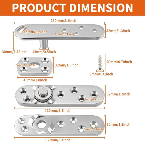 Heavy Duty Pivot Hinge dimensions with 304 stainless steel components for concealed doors up to 1100 lbs, featuring 90-degree stop.