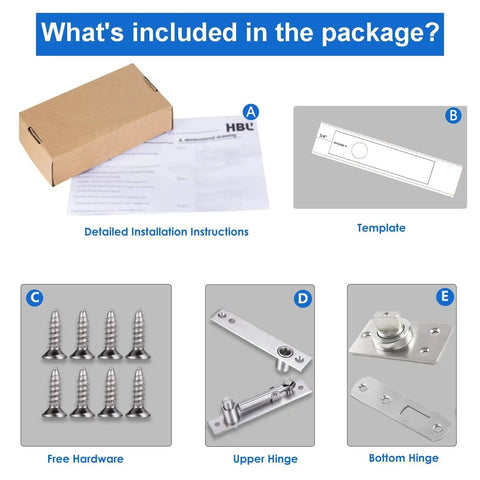 Package contents for Beefy 330 Lbs Heavy Duty Pivot Hinge include installation instructions, template, screws, upper and bottom hinges.