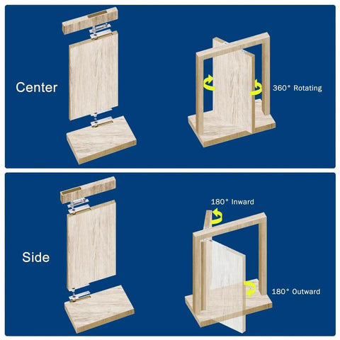 Diagram of Beefy 330 Lbs Heavy Duty Pivot Hinge showing 360° rotation and 180° movement for large wood doors and bookshelves.