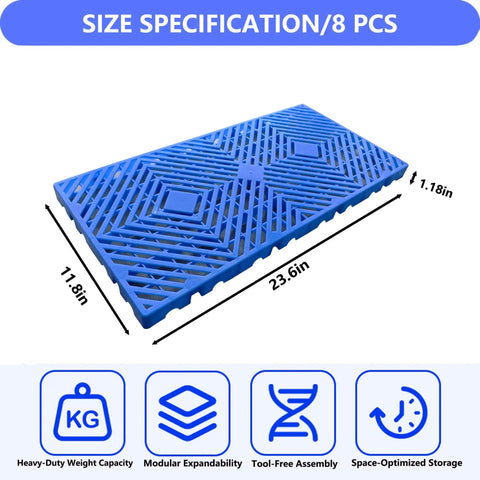 Heavy Duty Plastic Pallets Set Of 8 Nestable, Lightweight, Waterproof Storage Pads with dimensions 23.6in x 11.8in