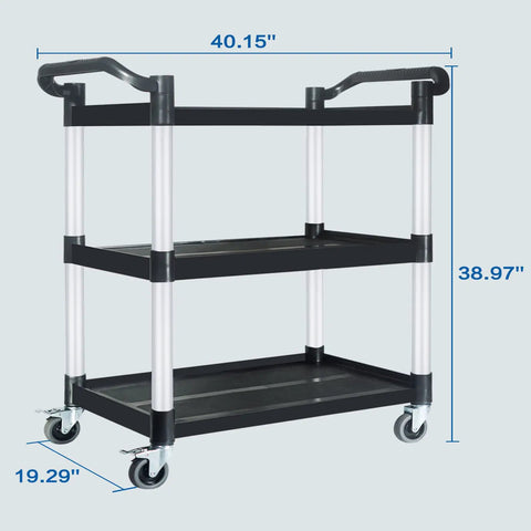 Heavy Duty Plastic Utility Cart With Locking Wheels And 550 Pound Capacity, Big Boss Restaurant Service Cart, black