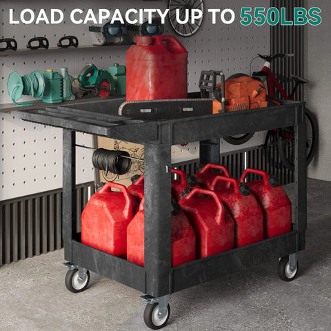 Heavy Duty Plastic Utility Cart With Wheels 550 Pound Capacity 45 By 25 Inch Rolling Cart With Two Shelves For Warehouse Garage School And Office Black loaded with red containers