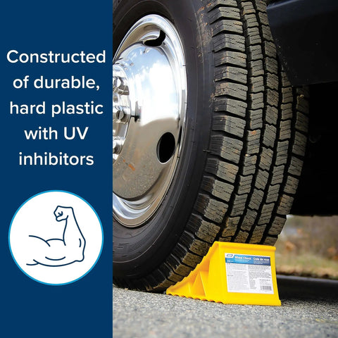 Heavy duty yellow plastic wheel chock for trailers and RVs under a tire, UV-protected, fits up to 26-inch tires, keeping it in place.
