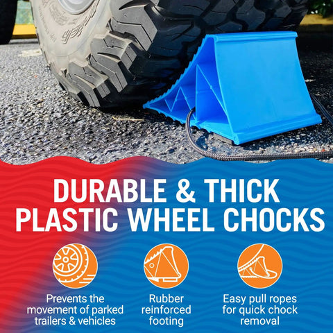 Heavy Duty Boat Trailer And RV Wheel Chocks 2 Pack With Rope And Rubber Pads stopping wheel from rolling on asphalt