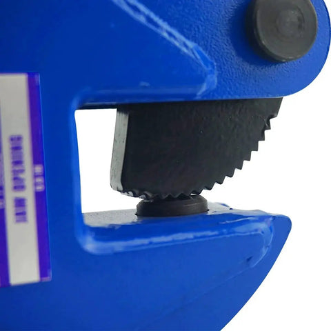 Close-up of Heavy Duty Vertical Plate Clamp with 0.8 inch jaw opening in blue safety coating for 2200 lbs industrial lifting and transport