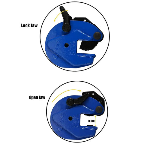 Heavy Duty Vertical Plate Clamp For Lifting And Transporting Up To 2200Lbs With 0.8 Inch Jaw Opening showing lock and open positions