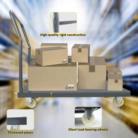 Heavy Duty Platform Truck Moving Flatbed Cart, 30"x48"Push Dolly with boxes and handle, steel flatbed cart in warehouse setting