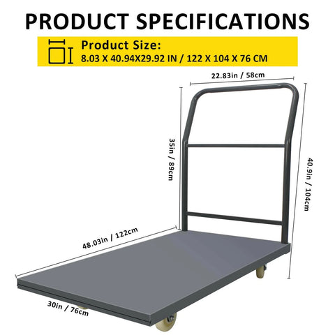 Heavy Duty Platform Truck Moving Flatbed Cart, 30"x48"Push Dolly, 2000 LBS Dolly Cart Flatform with Wheels and Handle with size details