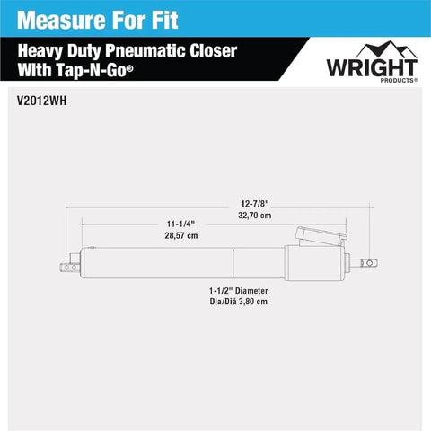 Diagram of Heavy Duty Pneumatic Screen & Storm Door Closer dimensions with Tap-N-Go measurement in white.
