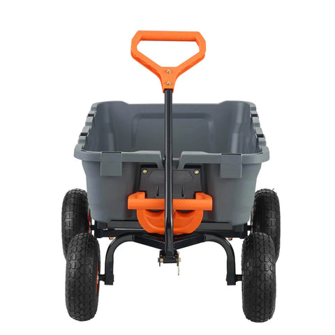 Front view of 800 lb Poly Dump Garden Cart Heavy Duty Yard Dump Wagon 4 Wheel Wheelbarrow with Steel Frame and Quick Release