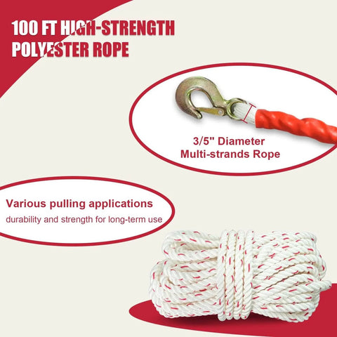 1-1/2 Ton Rope Puller With 100 Ft 0.6 In Rope, 2 Hook Heavy Duty Come Along Winch For Boats with polyester rope detail