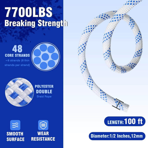 Diagram of heavy-duty double block and tackle pulley system rope, showing 100ft length, 7700 LB strength, and 1/2-inch diameter details.