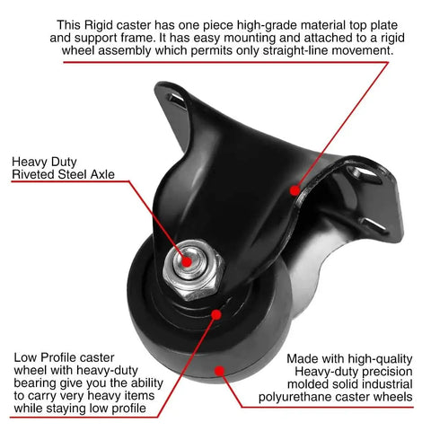 1.5 Inch Heavy Duty Polyurethane Caster Wheels, Rigid Fixed Non Swivel, Industrial Grade Solid Low Profile, Smooth And Silent Roll, 800 Lb Capacity Pack Of 4 For Heavy Carts And Dollies In Workshops And Warehouses showing features and construction details