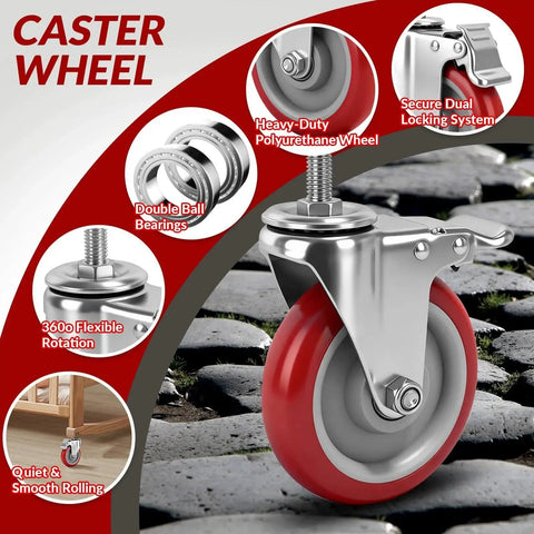 Five Inch Locking Swivel Caster Wheels Set Of Four With One Half Inch By Thirteen Threaded Stem And One And One Half Inch Length Heavy Duty Industrial Castors For Cart Furniture And Workbench Quiet Polyurethane Wheels With Brake Locks And Floor Protection showcasing design and features over cobblestone background.
