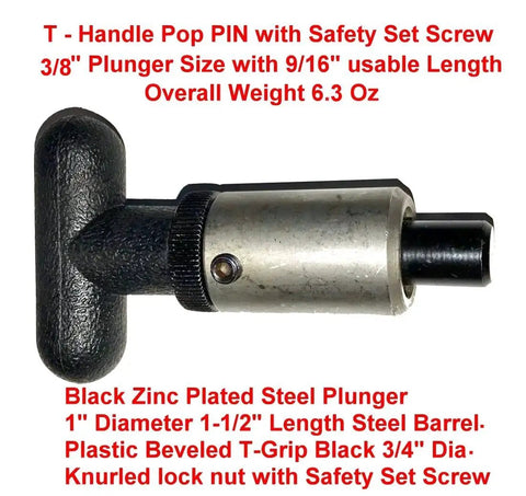 Heavy Duty POP Pull Pin Kit With Weld On Steel Barrel One Inch Diameter And One And One Half Inch Length For Quick Change, featuring T handle and zinc plated plunger.