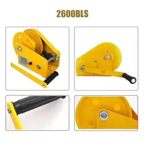 Yellow steel hand winch with ratchet crank and mounting base for ATV/UTV/boat use