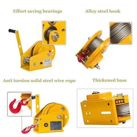 Hand winch, 1200 lbs capacity, yellow frame with steel wire rope and alloy steel hook, front view