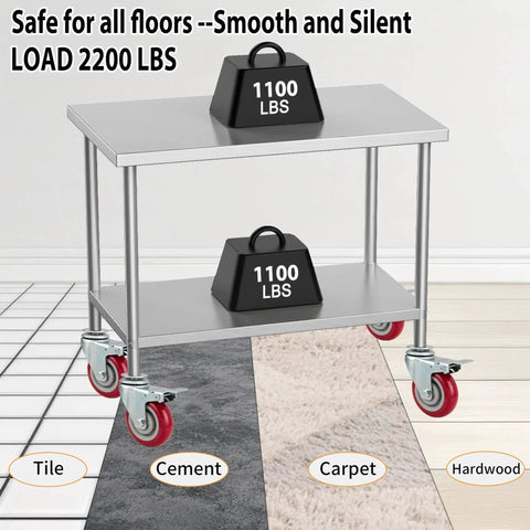 4 Inch Prep Table Caster Wheels Set Of 4 installed on stainless steel table with weights on tile and carpet surfaces