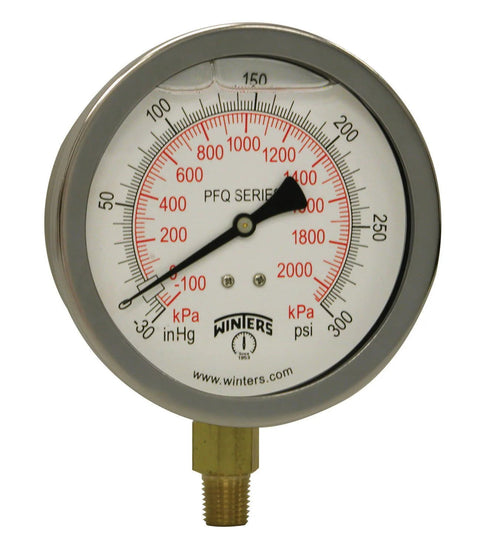 Winters 4-inch dial liquid-filled pressure gauge with brass internals, stainless case, bottom 1/4 in NPT, dual scale