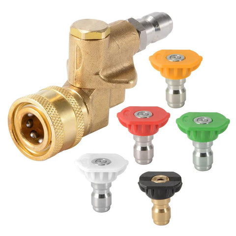 LOVHO pressure washer kit with pivoting brass quick-connect coupler and six color nozzle tips, 1/4 in and 4500 PSI.