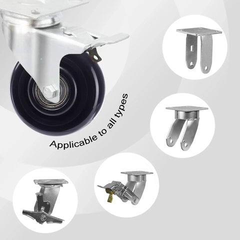 3 Inch Caster Wheels 4 Pack Heavy Duty PU Board Caster For Cart Dollies Replacement Wheels For Platform Trucks Up To 264 Lbs 120 Kg With Three Eighth Inch Axle Quiet Smooth Rolling Ideal For Garage And Workshop Carts With Quiet Non Marking PU, close-up of a wheel with various attachment brackets