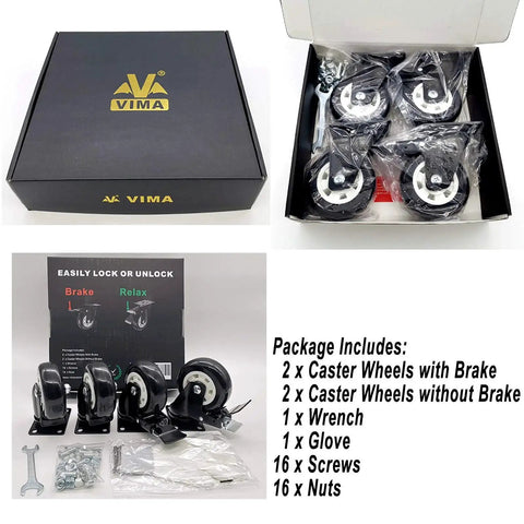 Heavy Duty 4 Inch Plate Caster Wheels With Polyurethane No Noise Premium Double Ball Bearing Steel Locking Swivel Casters 330 Lbs Per Caster Pack Of 4 Two Swivel Dual Locking And Two Swivel Black boxed set with accessories.