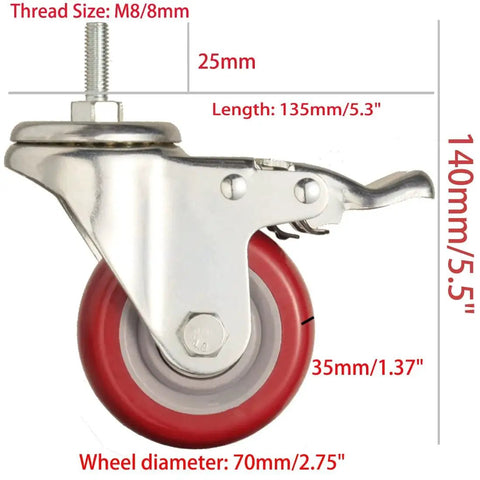 Side view of Heavy Duty Stem Caster Wheels With PU Castors For Quiet Smooth Operation No Noise 360 Degree Swivel Dual Locking Brakes