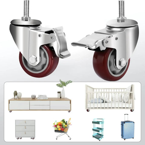Heavy Duty PU Wheel Caster Set With 360 Degree Swivel Casters And Double Brakes, M12 Threaded Stem, 3 Inch And 4 Inch Options