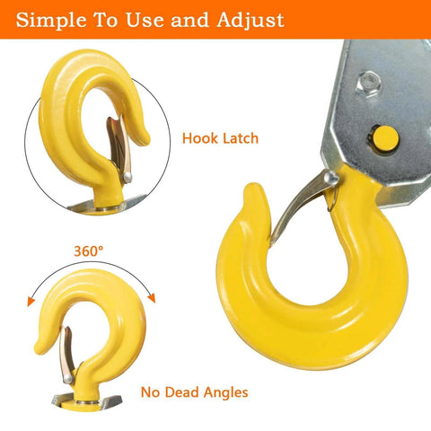 Close-up of yellow hook on 2Ton Pulley Hook Heavy Duty Pulley Lifting Block Hoist with 5/8" Wire Rope Snatch Block 1Pack
