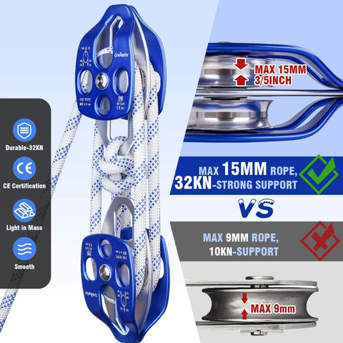 Heavy-Duty Double Block and Tackle Pulley System – 100Ft x 1/2'' Rope, 7700 LB(35KN) Breaking Strength, 4:1 Lifting Ratio