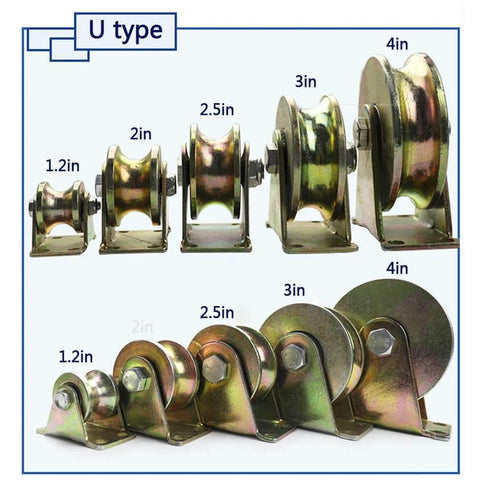 Pulley,Pulley Wheel, 2pc Heavy Duty Rigid Wheels,Sheave Round Tube Directional Track Wheel,Double Bearing,for Industrial Machines,Sliding Door,Rolling Gates,Wire Rope Rails(32mm/1.25in) shown in multiple sizes.