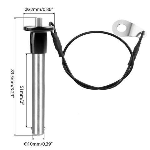 Heavy Duty Stainless Quick Release Pin VXCICC 0.39 Inch Diameter ball locking pin with lanyard, showing dimensions and black flat handle.