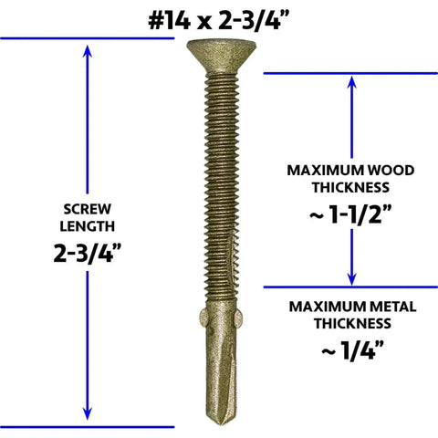 Heavy Duty Wood To Metal Reamer Tek Screws With Self Drilling Tip Torx T30 Star Head 14 By 2 And 3 Quarters Inch For Flatbeds And Trailers 170 Count In A 5 Pound Pack Great For Wood To Mild Steel Or Aluminum Joints Not For Welded Seams Or Tempered Metal, showing screw dimensions and thickness compatibility