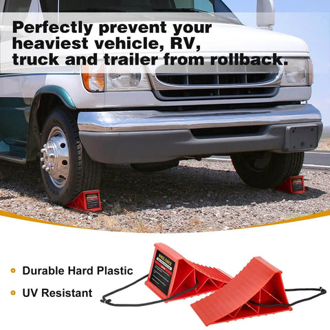 Heavy Duty Wheel Chocks For RVs And Campers 4 Pack With Rope, Non Slip Hard Plastic Chocks That Keep Your Ride In Place On Any Terrain, Durable And Easy To Remove, Red PAHTTO under RV