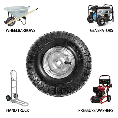 10" heavy-duty replacement tire 4.10/3.50-4 for carts, hand trucks, generators, lawn mowers, garden wagons, shown with usage examples